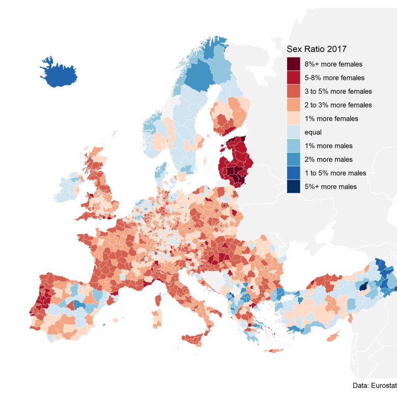Stosunek płci w regionach w Europie, 2017