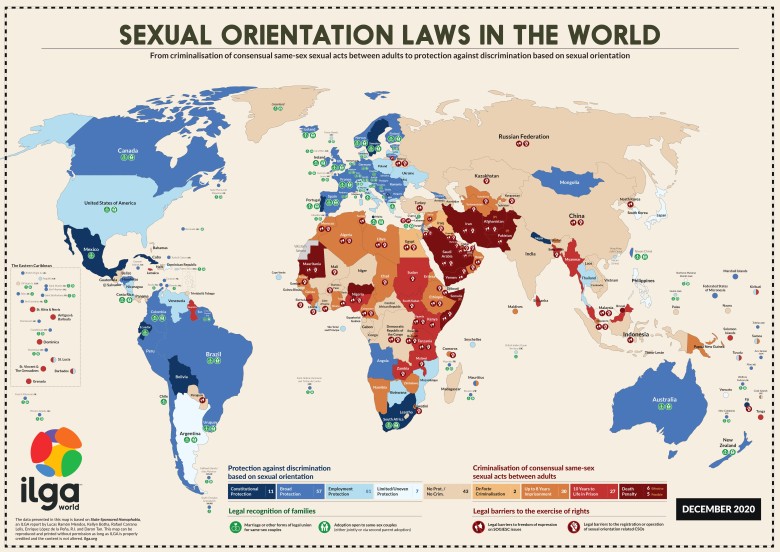 Specjalne prawa dla mniejszości seksualnych (homoseksualizm, lesbijki .....) na świecie, status prawny, 2020, ILGA