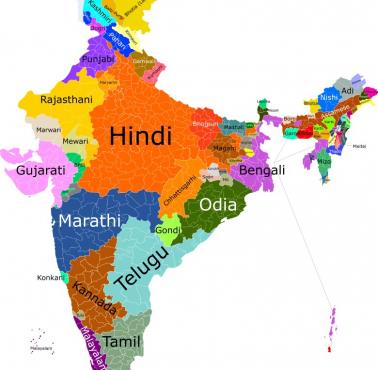Pierwszy język (język ojczysty) zgłoszony w spisie powszechnym z 2011 w Indiach
