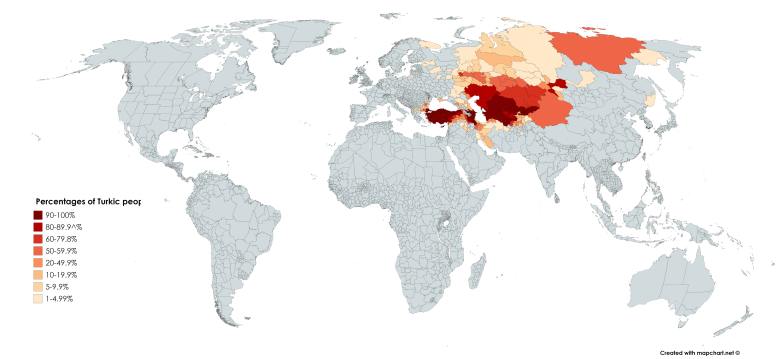 Procenty ludności tureckiej według regionów na świecie