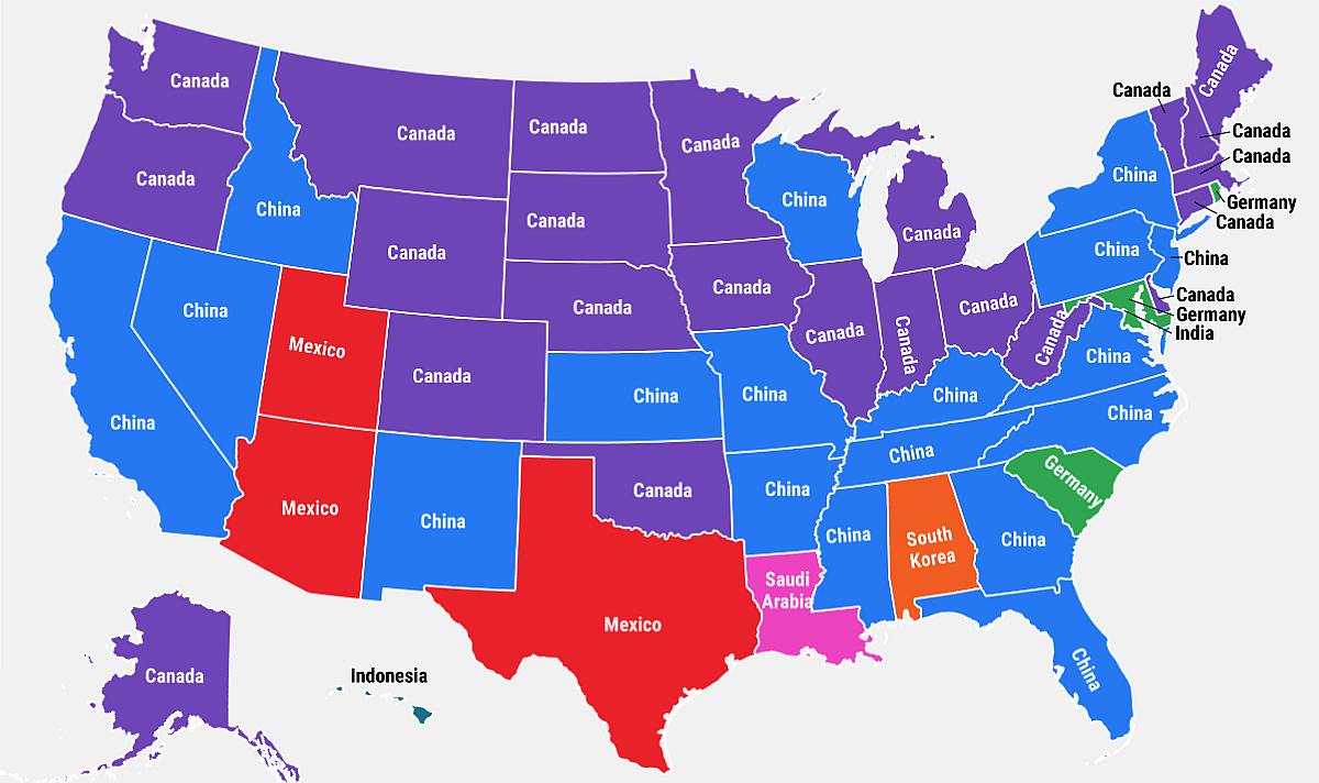 Największy partner handlowy w poszczególnych stanach USA, 2019