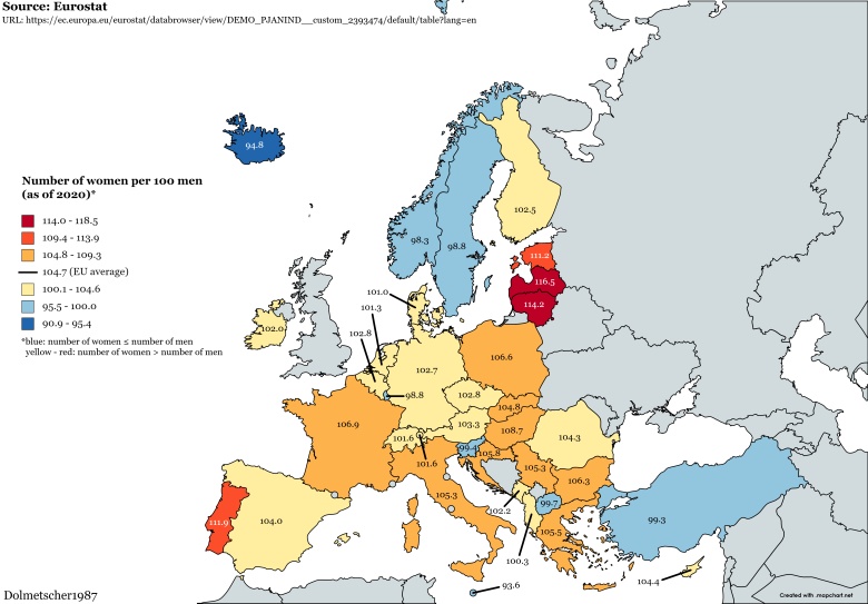 Liczba kobiet na 100 mężczyzn w Europie, 2020, źródło: Eurostat