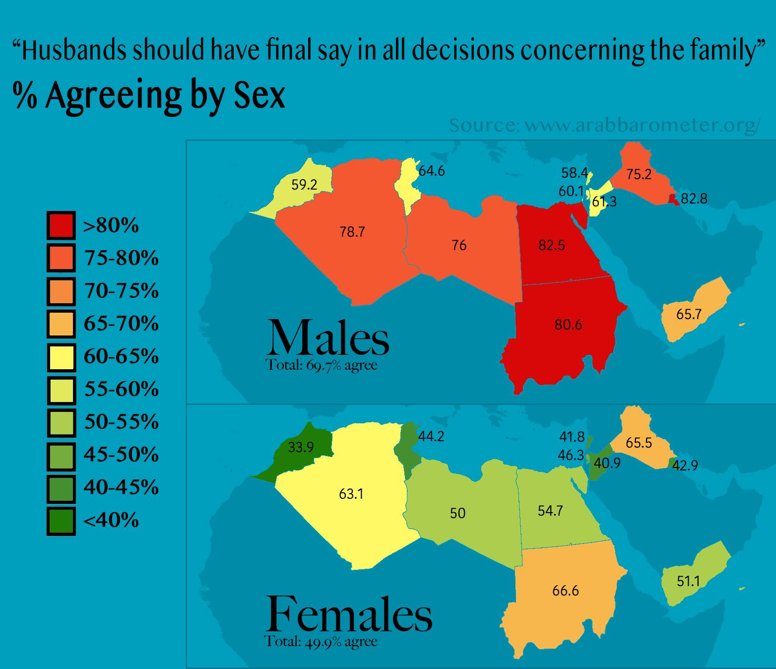 Odsetek osób ankietowanych w krajach arabskich zgadzających się, że „mężowie powinni mieć ostateczny głos we wszystkich ...