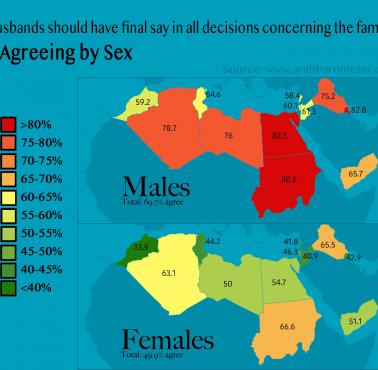 Odsetek osób ankietowanych w krajach arabskich zgadzających się, że „mężowie powinni mieć ostateczny głos we wszystkich ..."