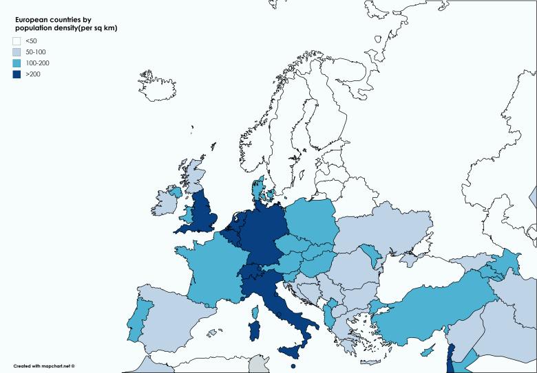 Gęstość zaludnienia poszczególnych państw w Europie (na km2)