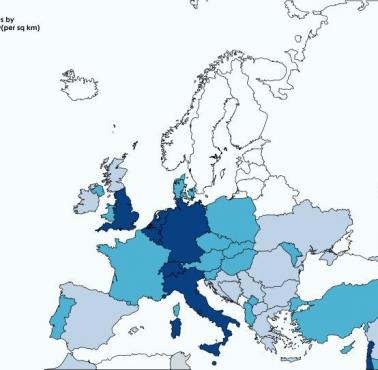Gęstość zaludnienia poszczególnych państw w Europie (na km2)