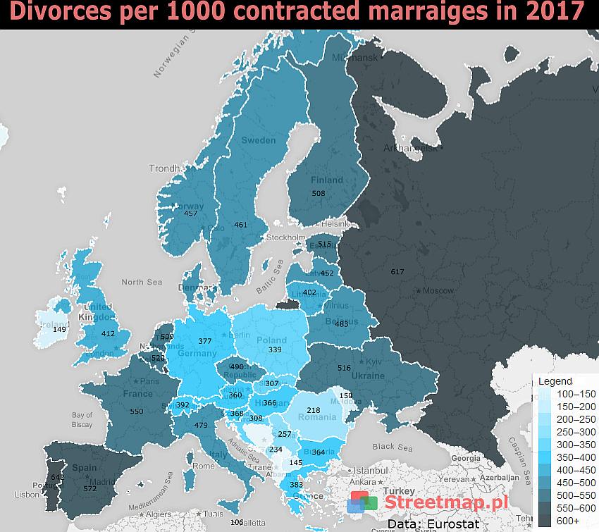 Wskaźniki rozwodów w Europie na 1000 zawartych małżeństw w 2017 roku