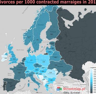 Wskaźniki rozwodów w Europie na 1000 zawartych małżeństw w 2017 roku