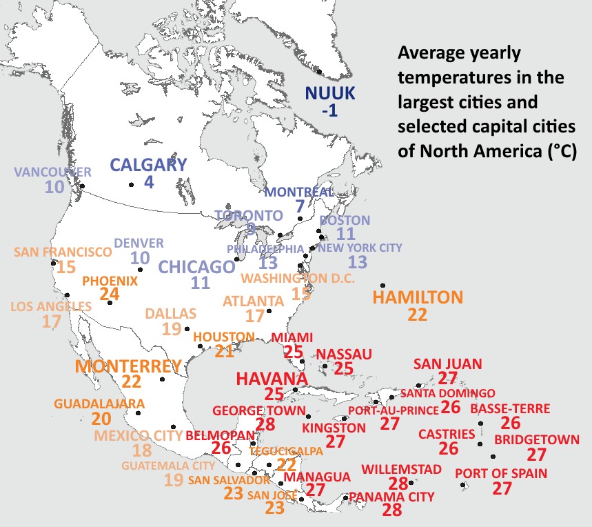 Średnie roczne temperatury miast w Ameryce Północnej