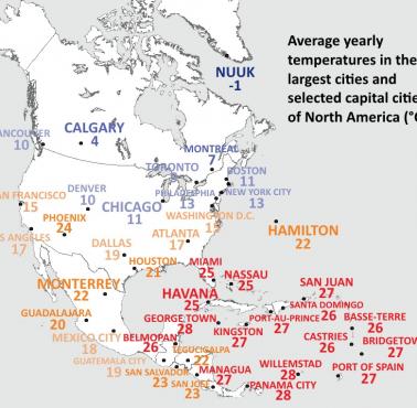 Średnie roczne temperatury miast w Ameryce Północnej