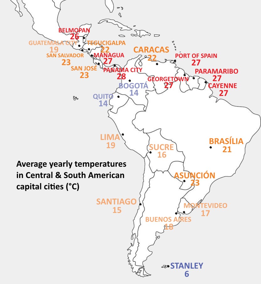 Średnie roczne temperatury w stolicach Ameryki Środkowej i Południowej