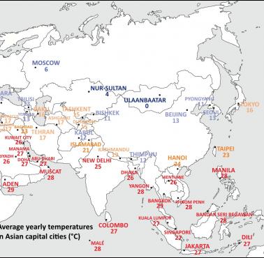 Średnie roczne temperatury w stolicach Azji