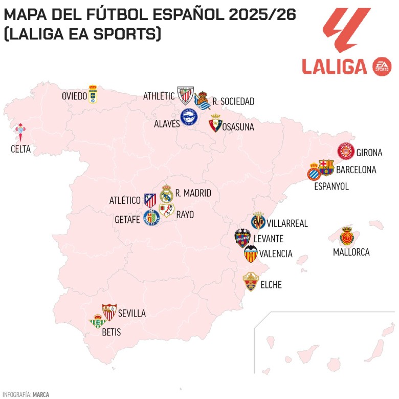Mapa drużyn pierwszej ligi hiszpańskiej (piłka nożna) sezon 2025/2026