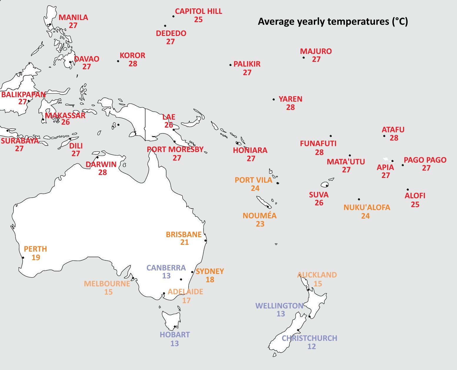 Średnie roczne temperatury miast w Australii, Melanezji, Mikronezji