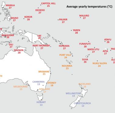 Średnie roczne temperatury miast w Australii, Melanezji, Mikronezji