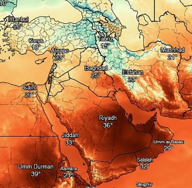 Dzienne temperatury dzisiaj na Bliskim Wschodzie i na Kaukazie (° C)