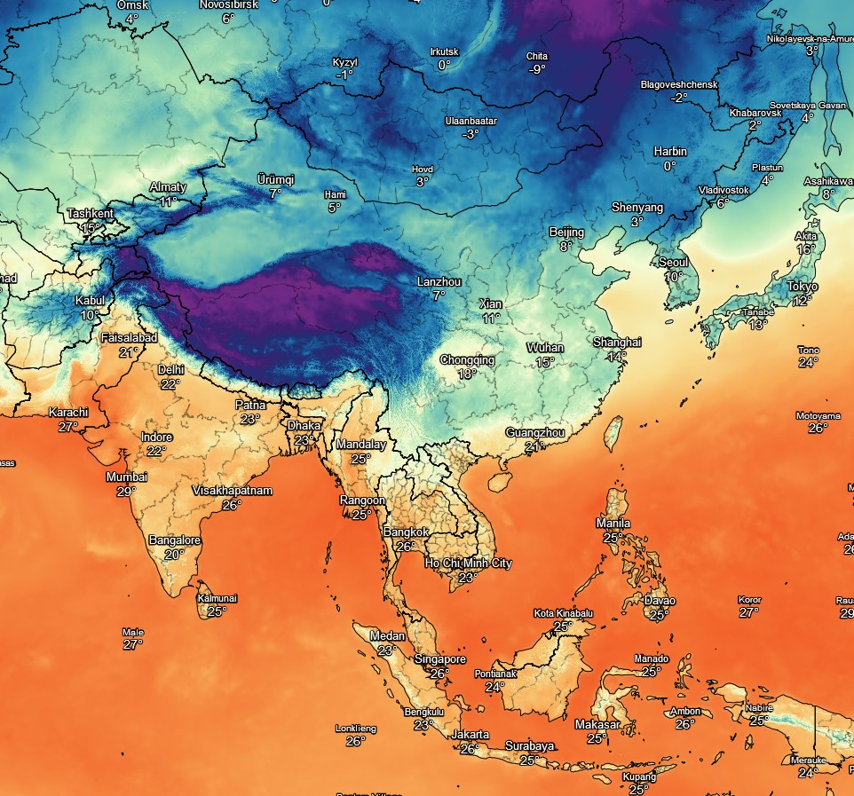 Nocne temperatury dzisiaj w Azji Środkowej, Wschodniej, Południowej i SE (° C)