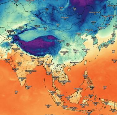 Nocne temperatury dzisiaj w Azji Środkowej, Wschodniej, Południowej i SE (° C)