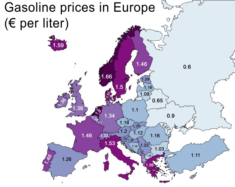Ceny benzyny w całej Europie (euro za litr)
