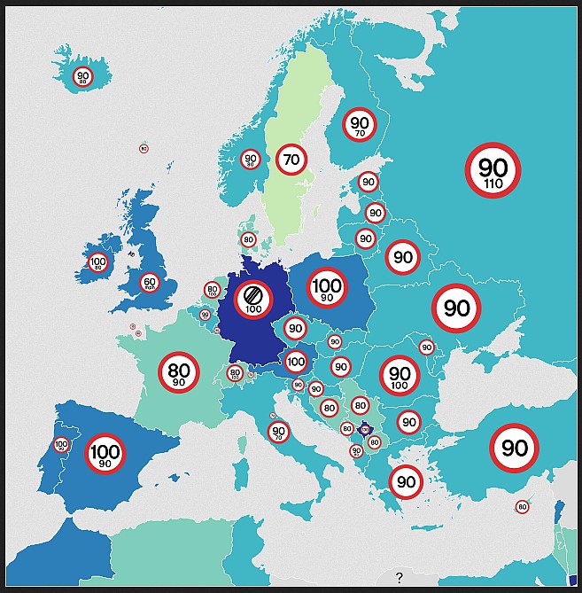 Ograniczenia prędkości w Europie (w km/h) dróg pozamiejskich jednopasmowych