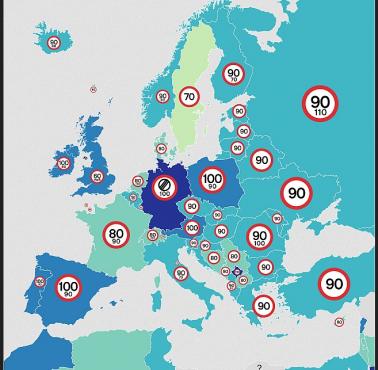 Ograniczenia prędkości w Europie (w km/h) dróg pozamiejskich jednopasmowych