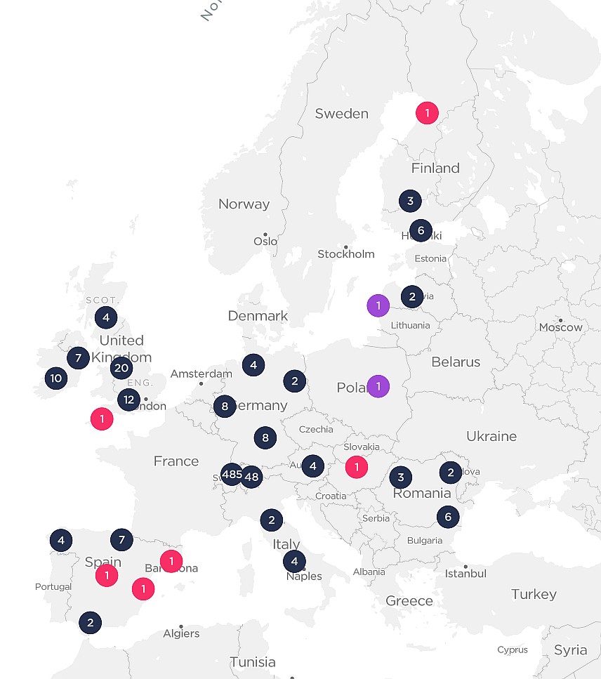 Mapa aktualnych masztów 5G w Europie, 10.2019