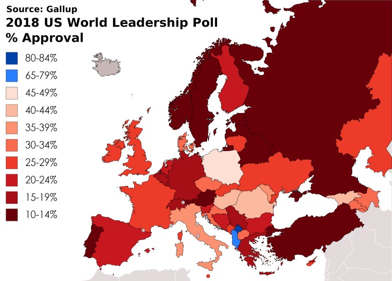 Akceptacja dla amerykańskiego przywództwa w Europie, 2018