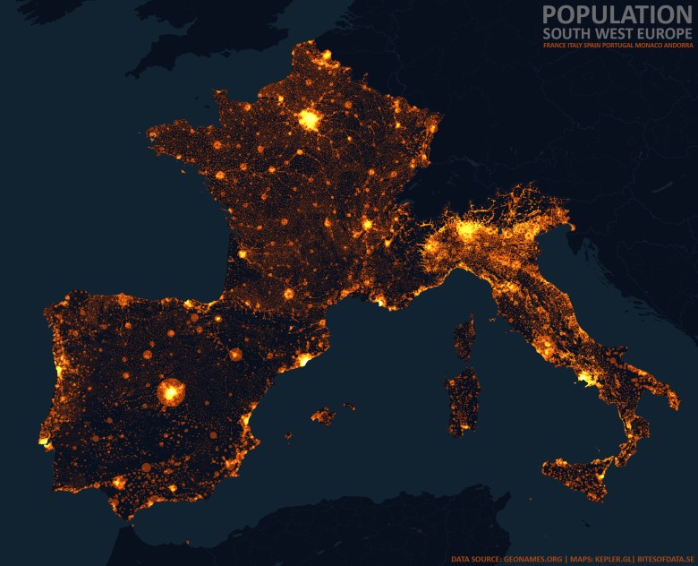 Mapa ludności - Europa Południowo-Zachodnia