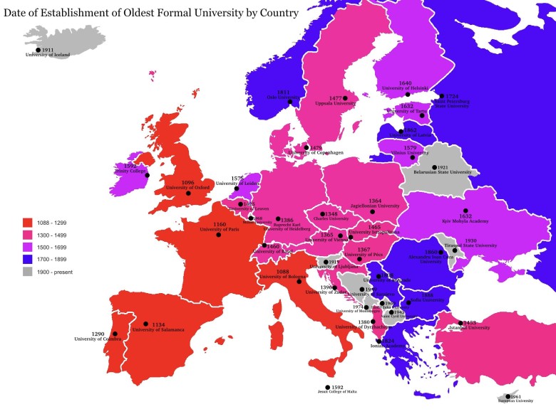 Mapa najstarszych uniwersytetów w Europie