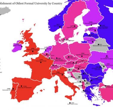 Mapa najstarszych uniwersytetów w Europie