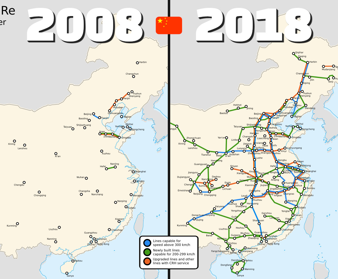 Sieć kolei dużych prędkości w Chinach w 2008 i 2018 roku