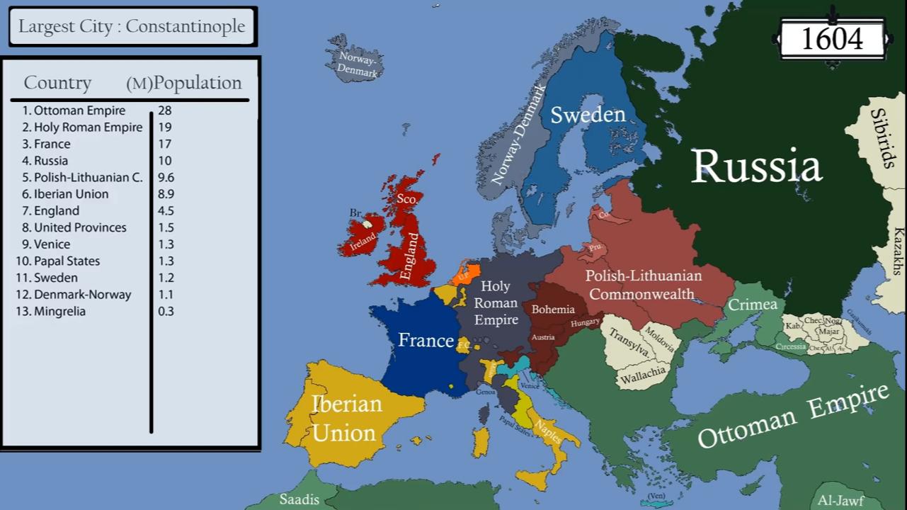 Najludniejsze i największe kraje Europy w 1604 roku