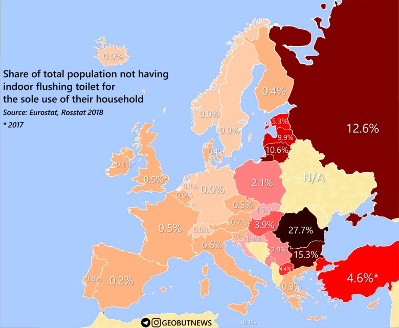 Odsetek ludności, która nie ma toalety w domu, 2018
