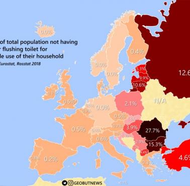 Odsetek ludności, która nie ma toalety w domu, 2018
