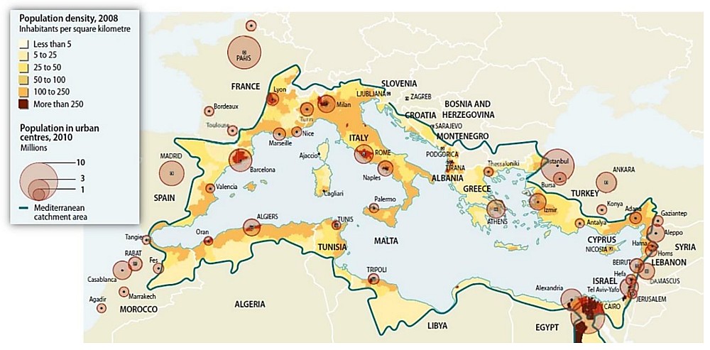 Gęstość zaludnienia wokół Morza Śródziemnego