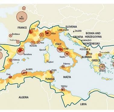 Gęstość zaludnienia wokół Morza Śródziemnego
