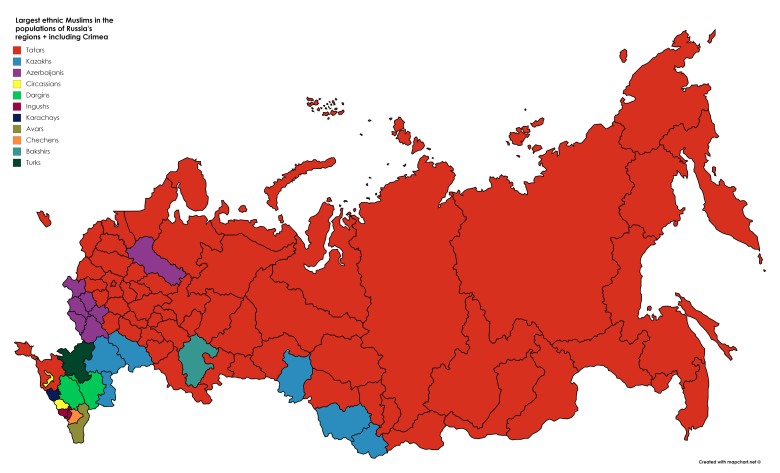 Największy odsetek ludności muzułmańskiej (w tym Krym) w regionach Rosji