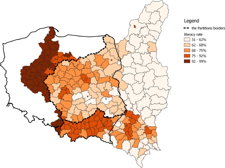 Wskaźnik alfabetyzmu w Polsce, 1931. Granice zaborów polskich są oznaczone linią przerywaną