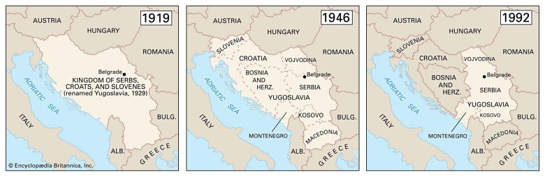 Mapa Jugosławii: 1919 vs. 1946 vs. 1992