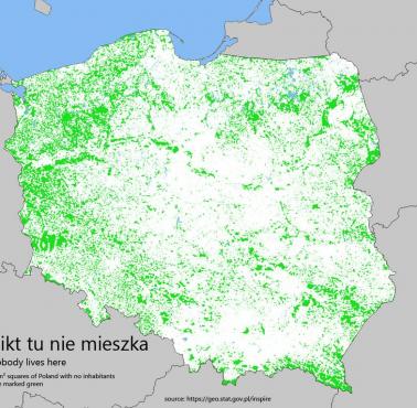 Mapa Polski, na zielono miejsca, gdzie nikt nie mieszka