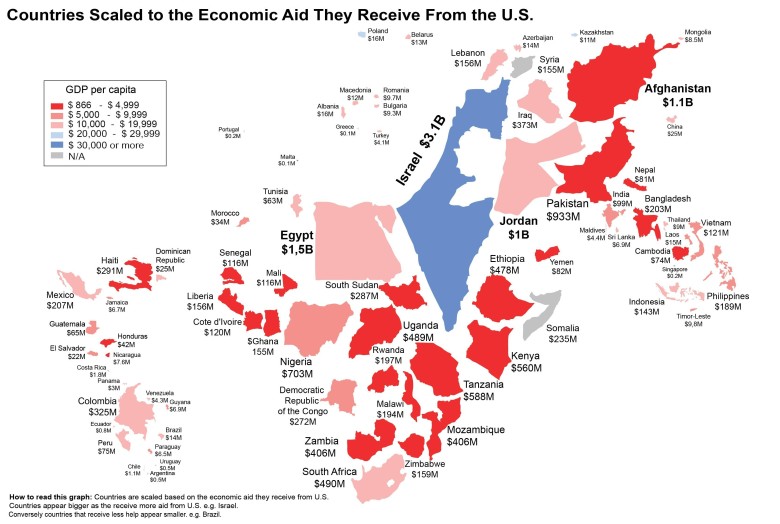 Wielkość pomocy finansowej otrzymywanej od USA w różnych krajach, im większa pomoc tym większa mapka kraju