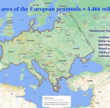 Obszar lądowy Półwyspu Europejskiego (porównanie rozmiarów do największych półwyspów)