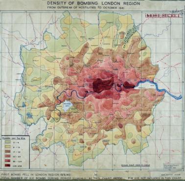 Liczba bomb na kilometr kwadratowy w Londynie od czerwca 1940 r. do października 1941 roku