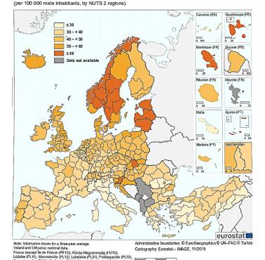 Zgony z powodu raka prostaty w regionach Europy