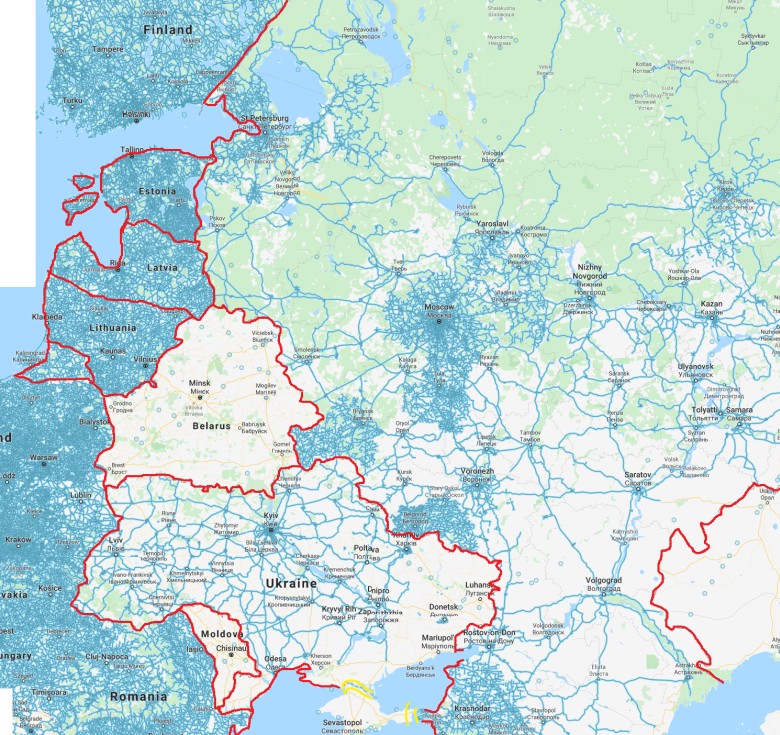 Mapa dróg i granic w Europie Wschodnie