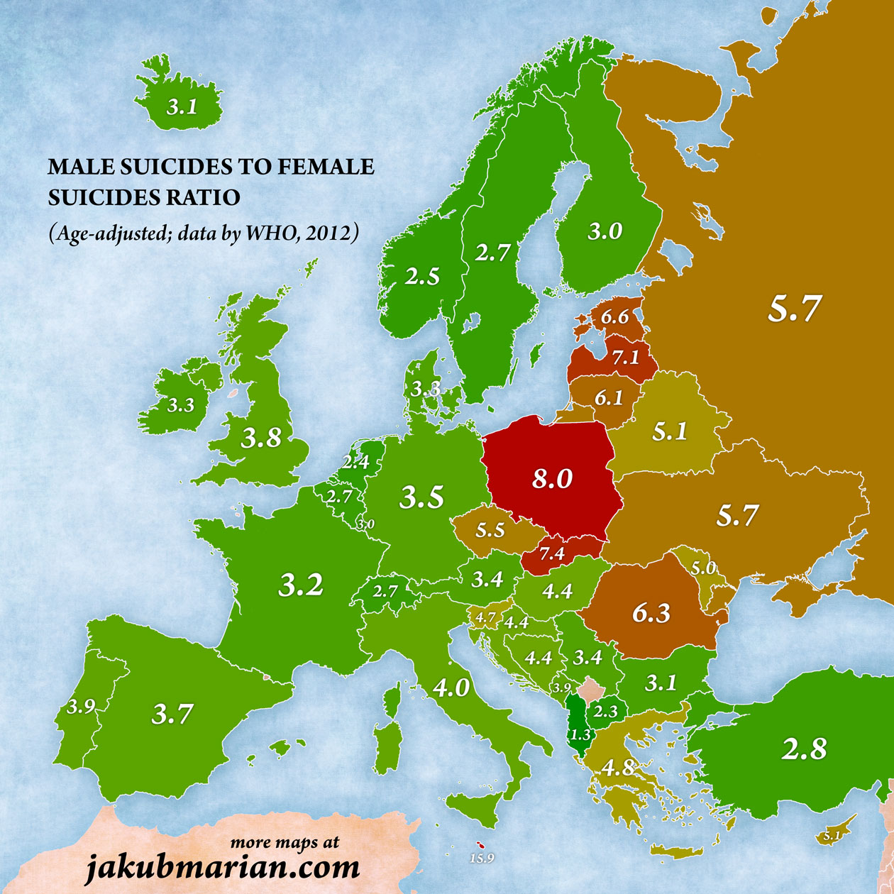 Stosunek samobójstw mężczyzn do kobiet w Europie, 2012
