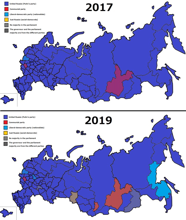 Zwycięzcy wyborów regionalnych w Rosji przed i po 2017 i 2019 roku