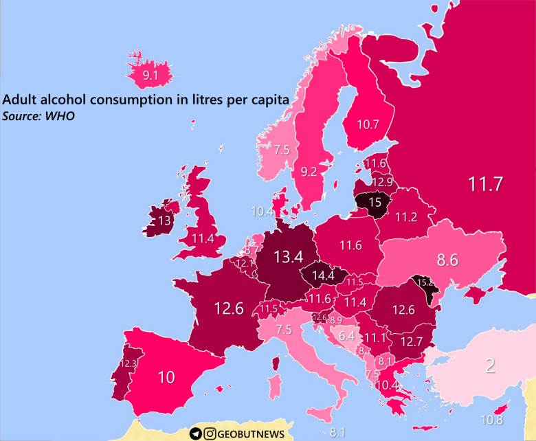 Spożycie alkoholu przez dorosłych w litrach na mieszkańca w Europie Spożycie alkoholu przez dorosłych w litrach na mieszkańca w Europie