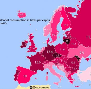 Spożycie alkoholu przez dorosłych w litrach na mieszkańca w Europie