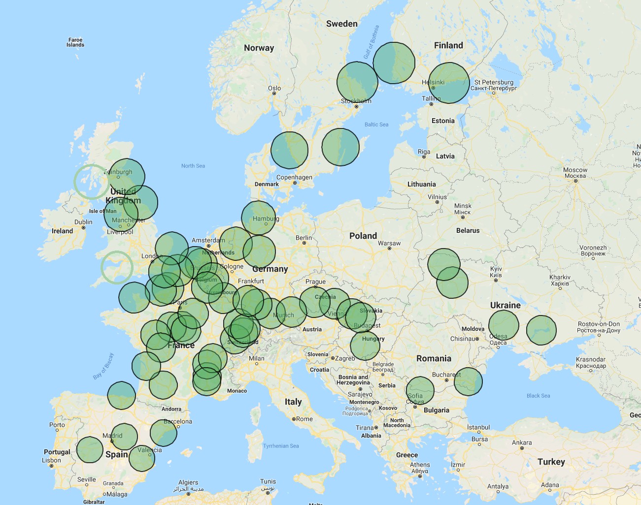 Promień 100 KM wokół wszystkich elektrowni jądrowych w Europie (z wyjątkiem Rosji)